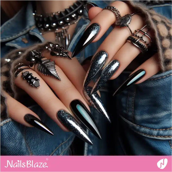 Stiletto Black Foil Nails Design | Foil Nail Art - NB4066